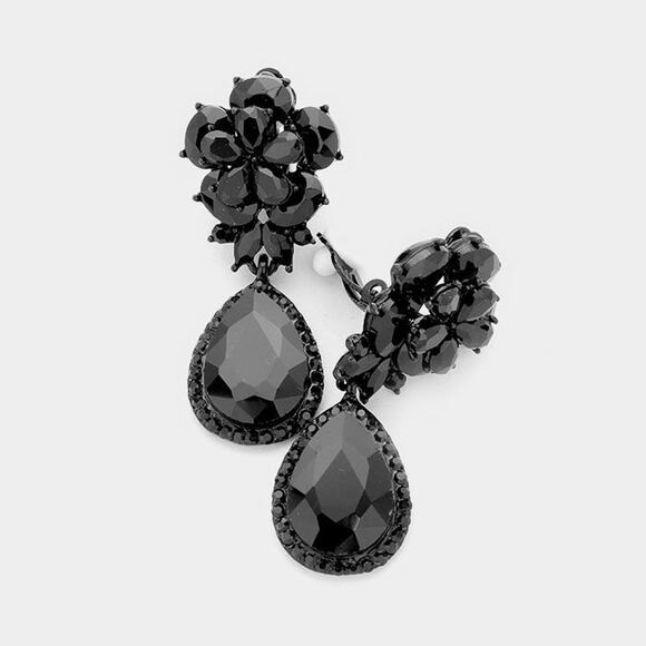Classy 2" clip on black stone flower and teardrop dangle earrings - Picture 1 of 4